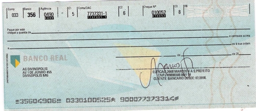Marcos Vinicius (PSC) candidato a deputado estadual é liberado pela Justiça Eleitoral mesmo com diversas pendências financeiras da eleição para prefeito em 2008 marcos cheque